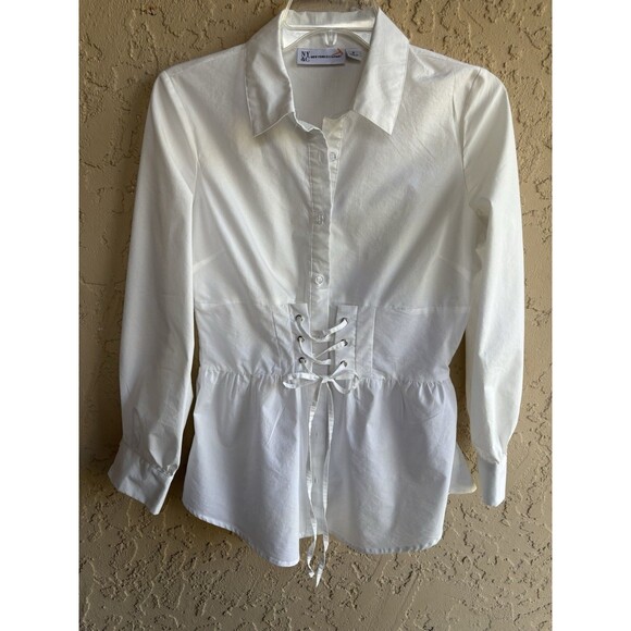 NY & Company White Small Lace Up Witchy Bodice Long Sleeve Woman’s Fairy Blouse - Picture 1 of 9